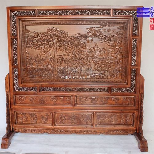 东阳木雕落地屏实木迎客松 中式实木双面雕刻屏风客厅办公室隔断