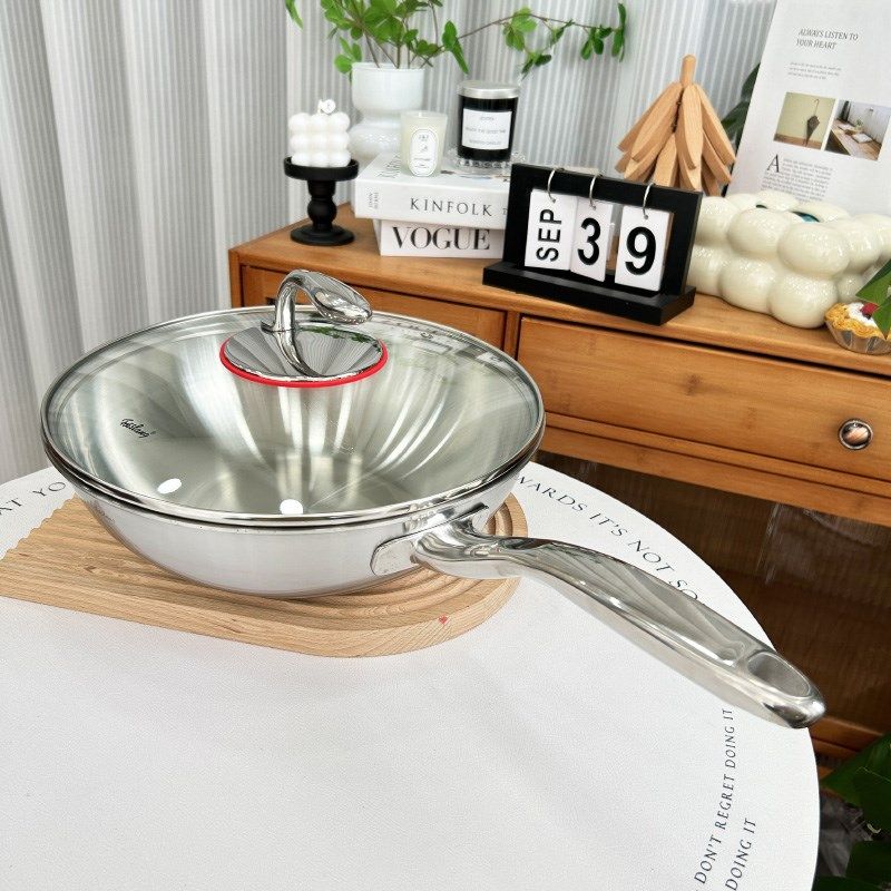 菲仕朗18/10不锈钢三层钢炒锅无涂层无油烟不粘锅30/32cm