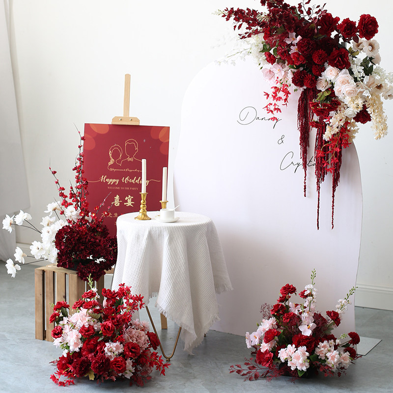 喜庆红花艺婚礼迎宾区场景布置花卉开业庆典舞台花堆桌花壁挂花排
