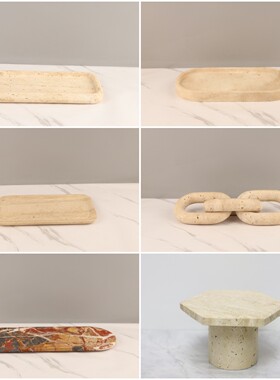 现代简约侘寂风天然洞石大理石托盘装饰摆件客厅茶几酒店家居饰品