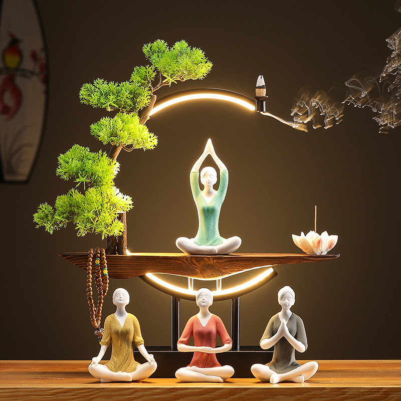 新中式禅意摆件灯圈倒流香创意办公室客厅桌面复古风家居装饰礼品