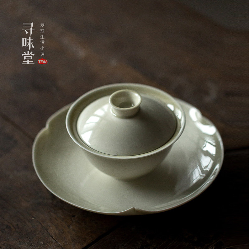 草木灰复古盖碗仿古青灰釉色三才碗茶碗茶备陶瓷家用功夫茶具