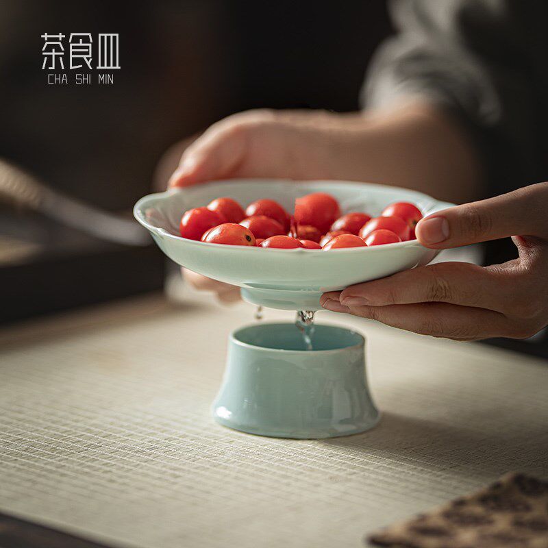 中式围炉煮茶家用室内水果点心碟子高脚滤水果盘陶瓷茶点盘糕点盘