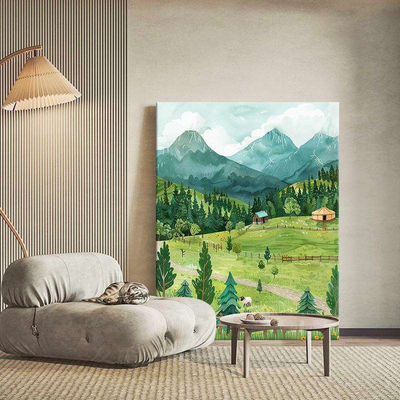 小众艺术客厅装饰画落地绿色风景高山田野手绘油画入户玄关挂画壁