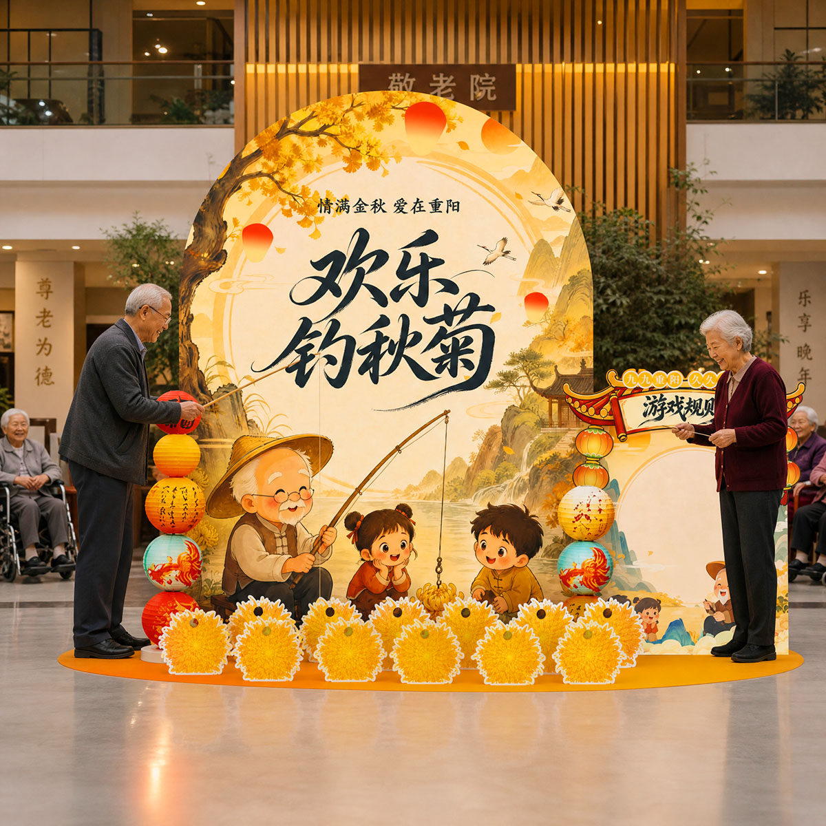 店铺重阳节钓秋菊背景墙布置