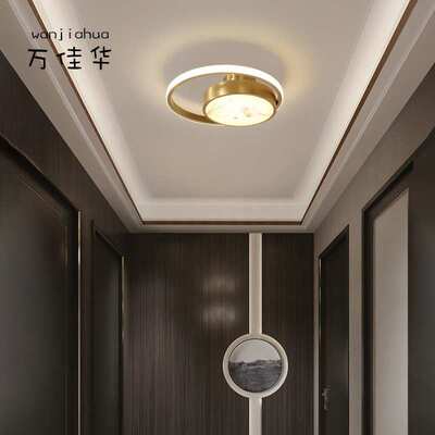 新中式全铜过道吸顶灯简约现代阳台灯玄关走廊云石led圆形灯具