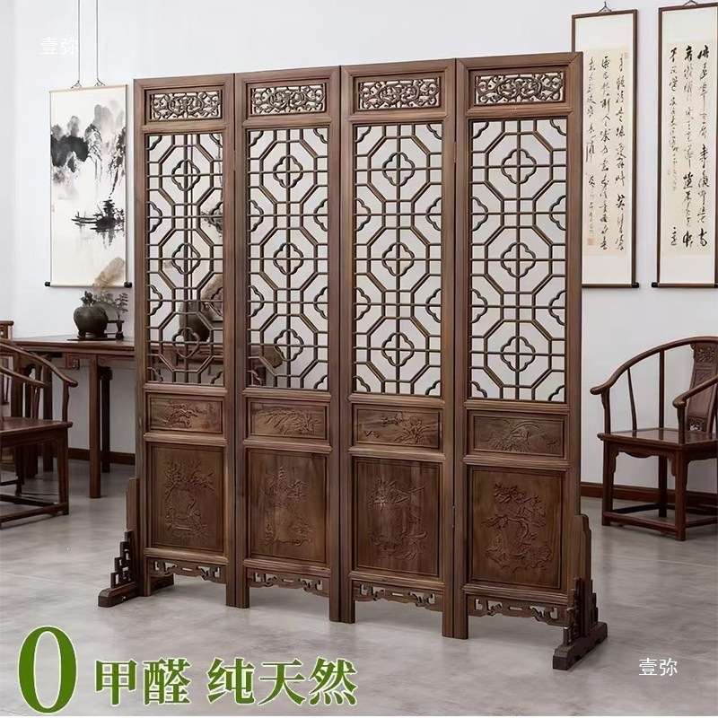 中式仿古屏风做旧镂空雕花实木隔断玄关折叠移动客厅复古装饰摄影