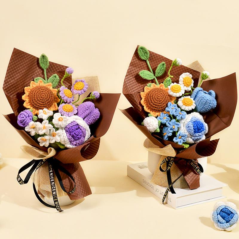针织花毛线花成品手工编织仿真花假花向日葵玫瑰花束外贸跨境