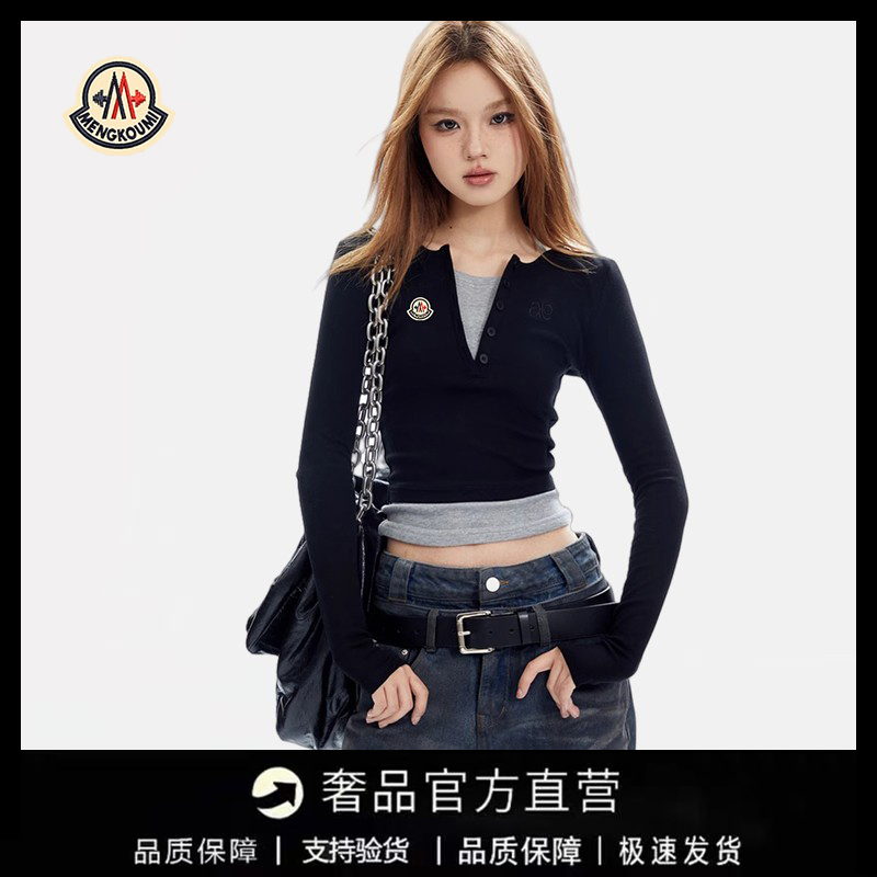 【官方直营】v领假两件长袖t恤秋打底衫修身正肩辣妹上衣