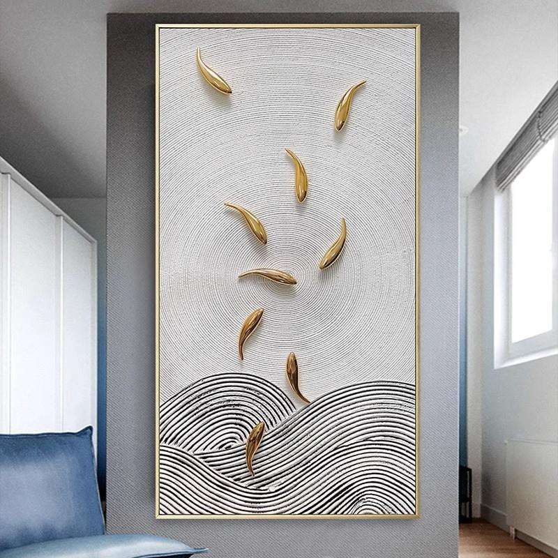 手绘油画轻奢风玄关装饰画竖版走廊壁画大幅九鱼图客厅装饰画挂画