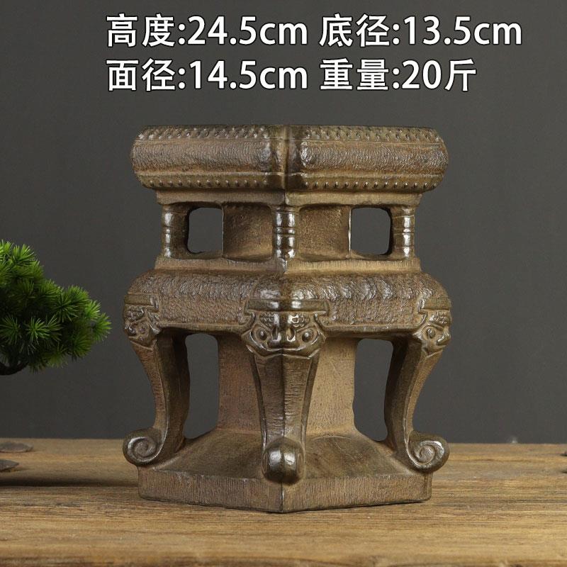 中式仿古天然青石整料雕刻浮雕摆件 双层镂空方石墩门墩石底座