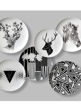 黑白色系挂盘装饰盘子陶瓷餐厅墙上面壁饰客厅工艺摆件瓷盘定制