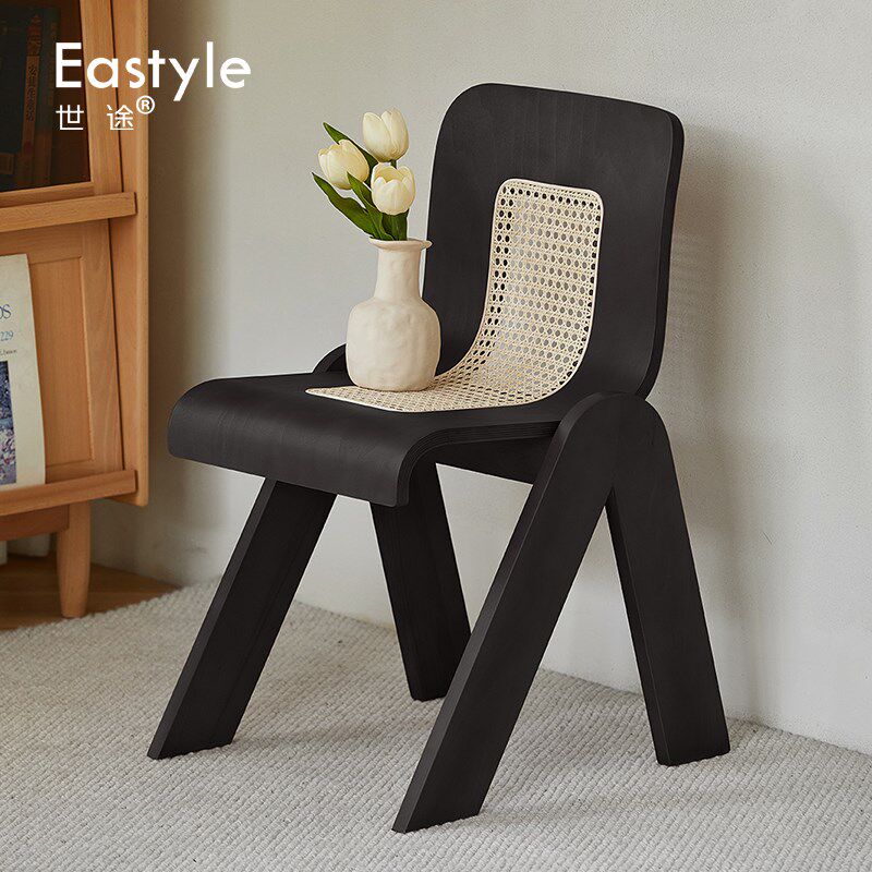 实木藤编设计师中古黑色家用法式复古餐椅小户型靠背椅侘寂风椅子