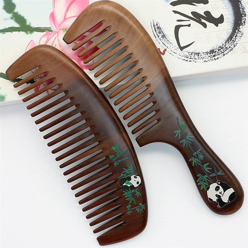 天然桃木梳双色彩绘卷发家用按摩防静电宽齿整木梳子可爱熊猫对梳