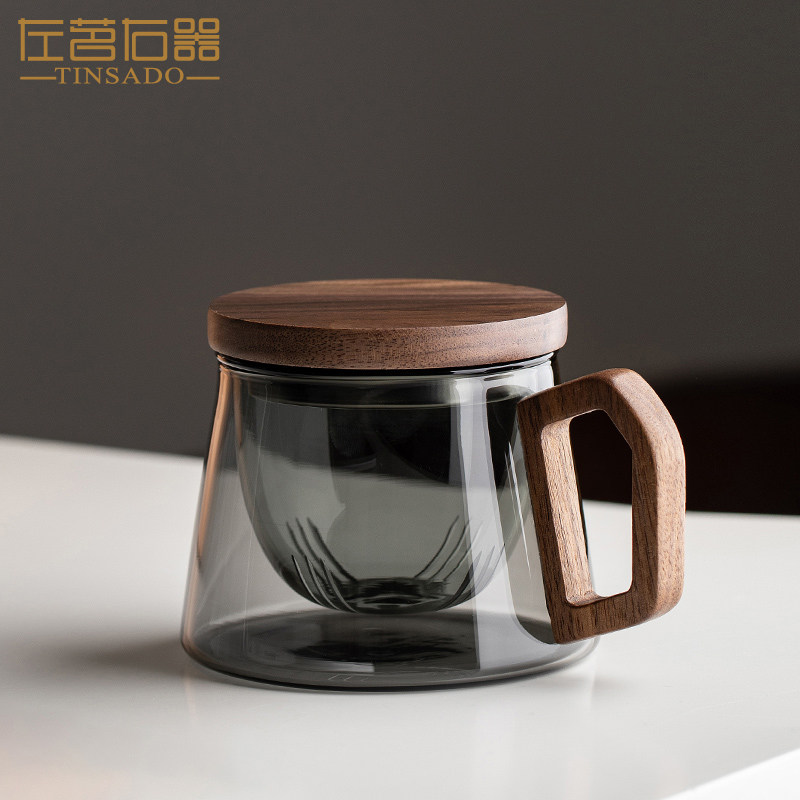 【新品】左茗右器 烟灰色玻璃杯 胡桃木盖喝水杯 茶水分离泡茶杯