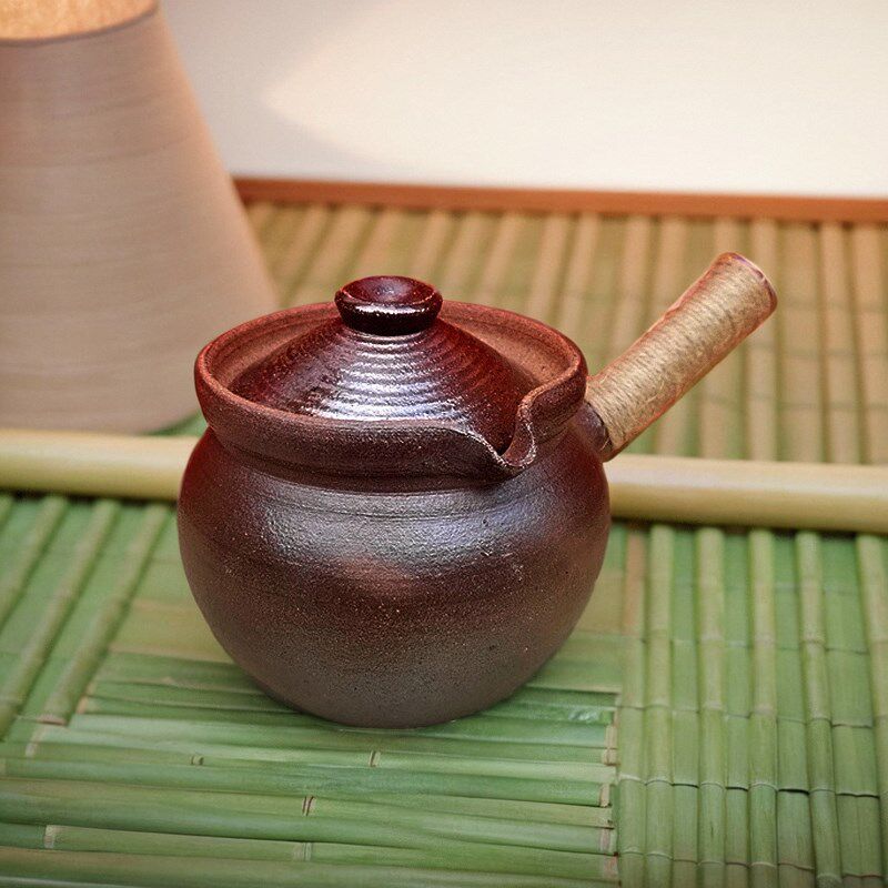 云南烤茶罐全手工侧把带盖粗陶炕茶罐煮茶器老岩泥柴烧自然落灰釉