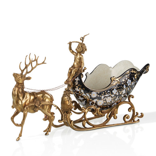 欧式黑色描金花纹铜鹿拉车果盘高档别墅客厅餐桌陶瓷酒架工艺品