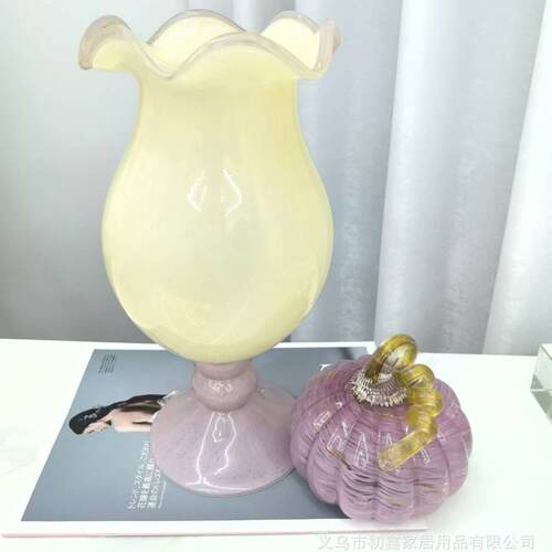 法式玻璃花瓶摆件家居轻奢电视柜复古装饰插花鲜花琉璃中古风灯