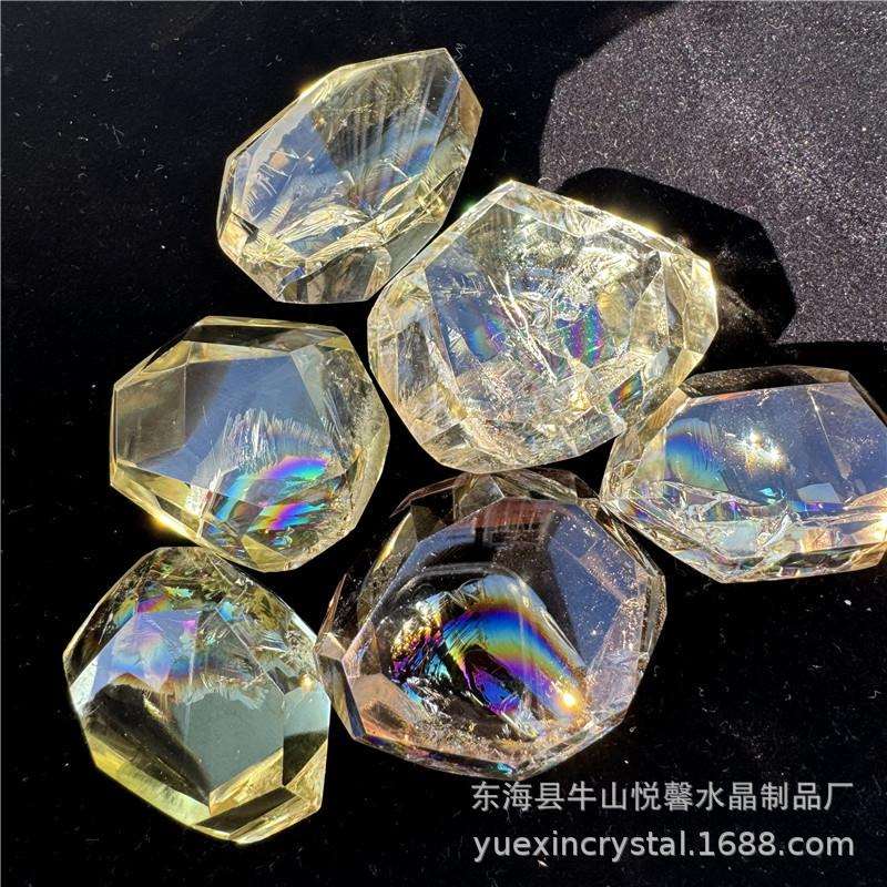 阿赛斯特莱梵天透体天然黄水晶随形彩虹晶石原石打磨家居客厅摆件
