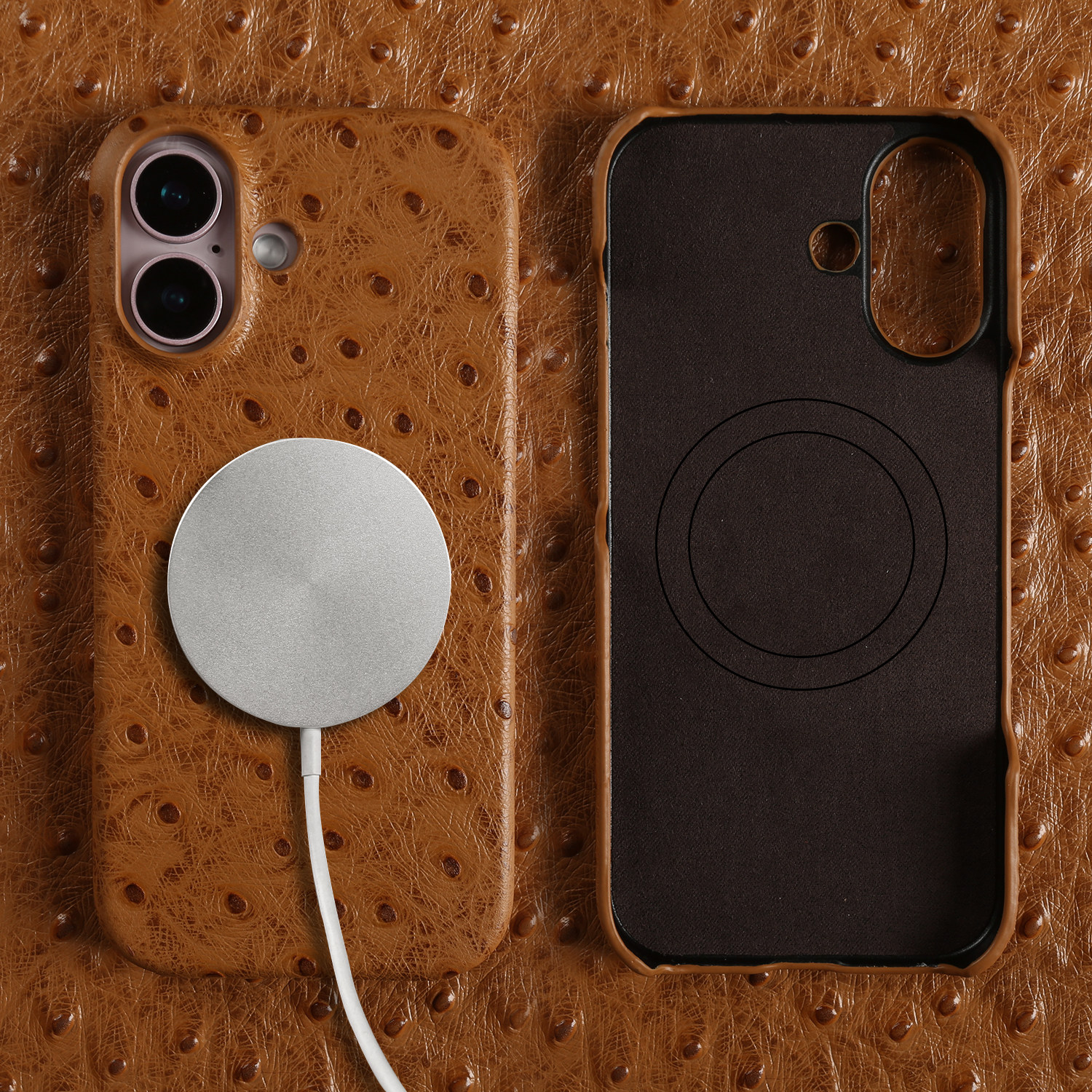 适用苹果17手机壳新款16Promax鸵鸟纹真皮轻奢高级感15小众奢华14轻薄皮质半包外壳磁吸13防摔真牛皮保护套12