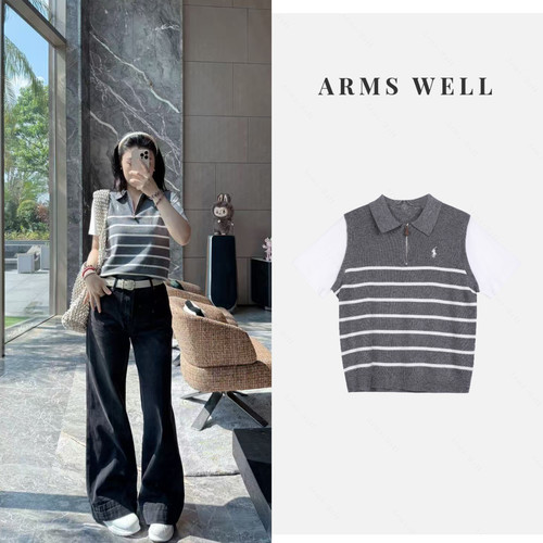 ARMS WELL王囡囡 灰色拼白色翻领条纹拉链绵羊毛假两件短袖 S155