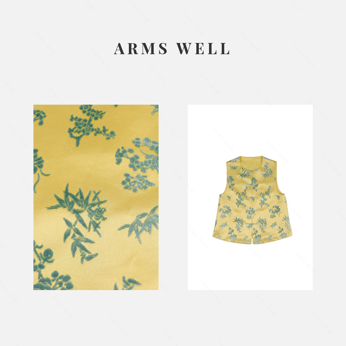 ARMS WELL王囡囡 绿色桑蚕丝漳绒缎面提花新中式国风马甲 L248