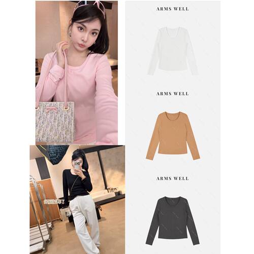 王囡囡 黑/白色/灰/粉色/卡其色u领后中线长袖T 6XL29