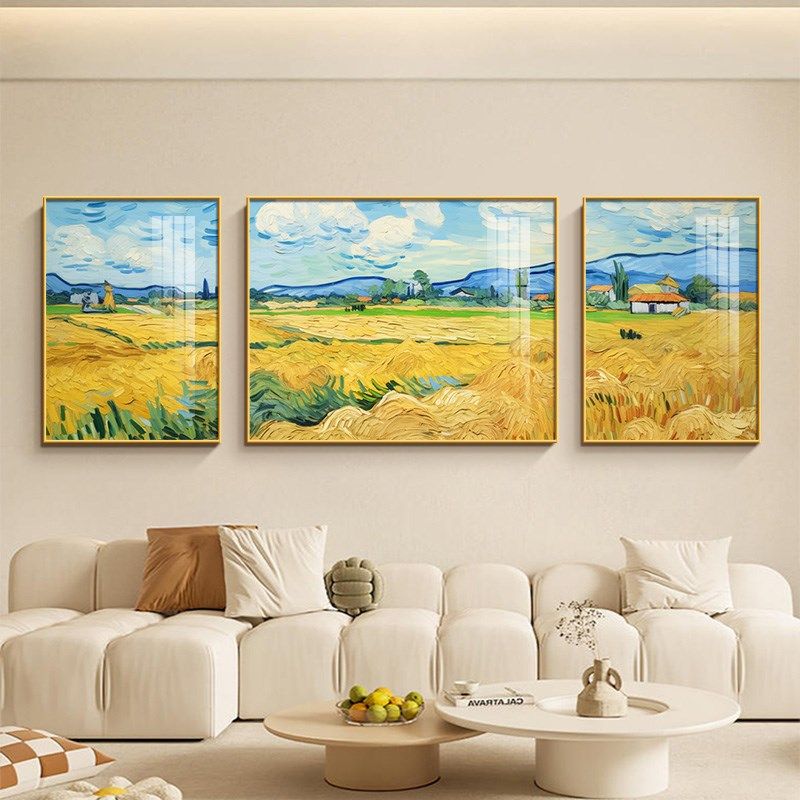 梵高麦田丰收客厅装饰画金黄麦穗沙发背景墙名画艺术油画三联挂画,家居饰品,现代装饰画,淘宝优惠券,粉丝福利购,淘宝优惠卷