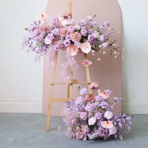 婚礼迎宾花艺布置庆典活动舞台背景挂花装饰紫色花堆橱窗假花道具