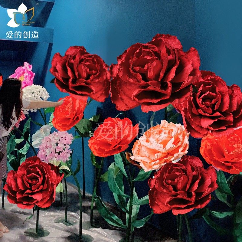 婚庆纸花路引大红色节庆装饰橱窗婚礼布置立体皱卷纸手工纸艺花