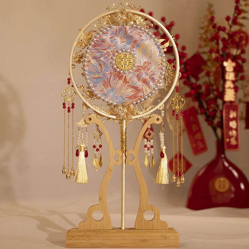 中式新娘团扇idy材料包金色手工双面刺绣喜扇婚禾秀礼服结婚扇子