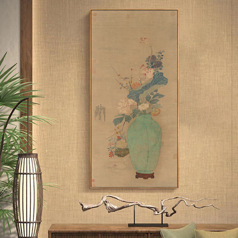 平安如意花卉图挂画清代永瑢花瓶古画国画茶室玄关背景墙壁画带框