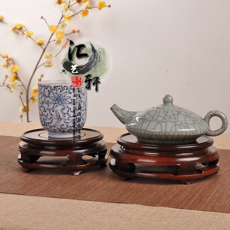 圆形红木茶壶摆件花瓶底座简葫雕件玉石盆芦藏壶天下花约现代底座
