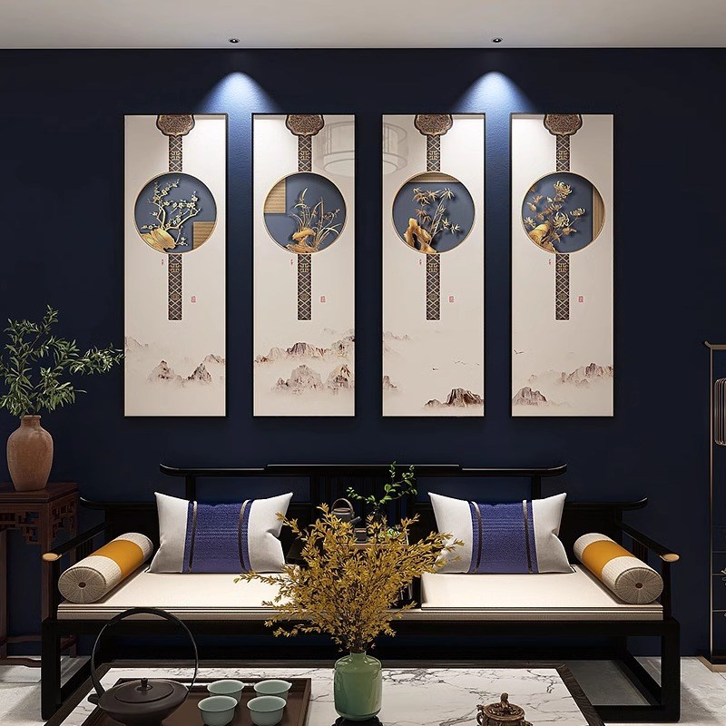 梅兰竹菊联画四条禅客厅沙发背景墙装饰画茶室餐厅屏意壁画四挂画