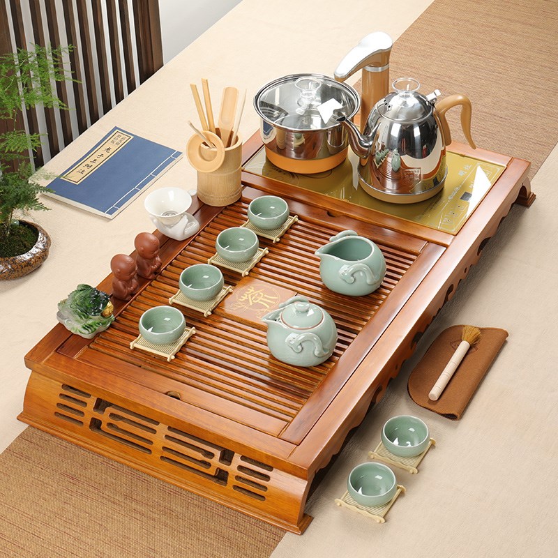 乌金石茶具套装家用实木茶盘整套功夫四合一电磁炉茶海茶台全自动