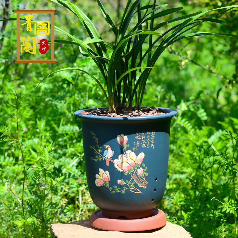 宜兴紫陶花砂兰花盆大口径君子兰盆瓷盆带托盘室内花卉绿植盆景盆