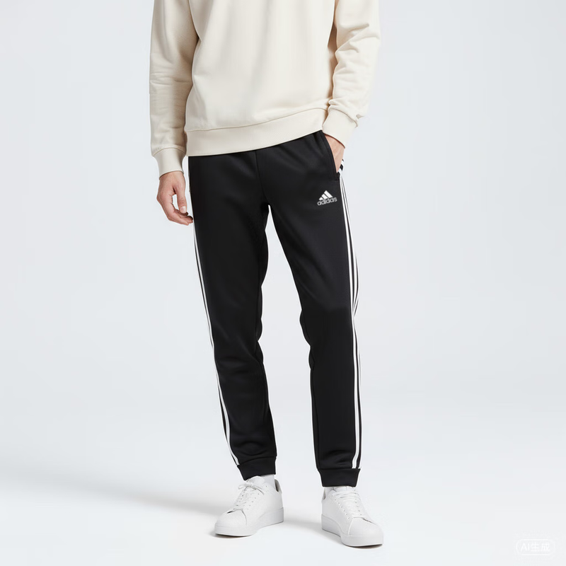 Adidas/阿迪达斯男士黑色运动长裤休闲束脚裤条纹束脚长裤