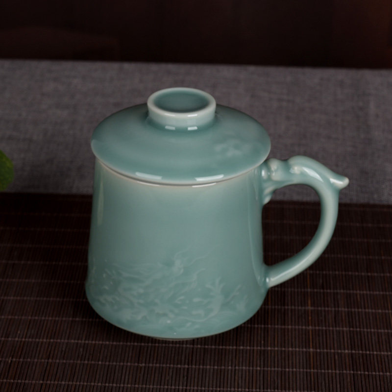 精品家用青瓷龙出海泡茶水杯带过滤同心杯陶瓷有柄茶杯办公杯礼品