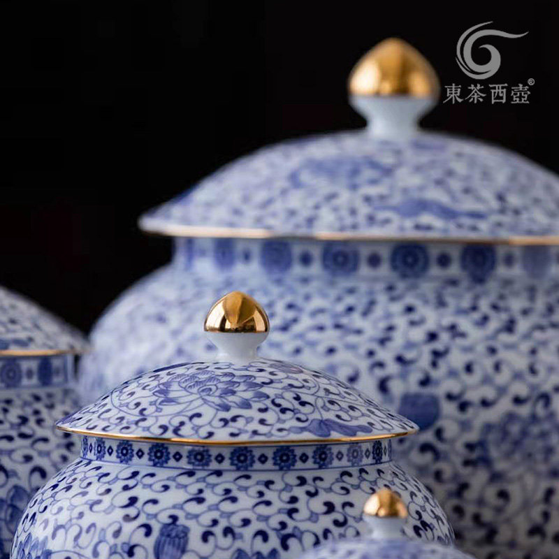 陶瓷茶叶罐大号布袋茶叶包装茶礼定制青花瓷茶仓普洱茶密封罐茶罐
