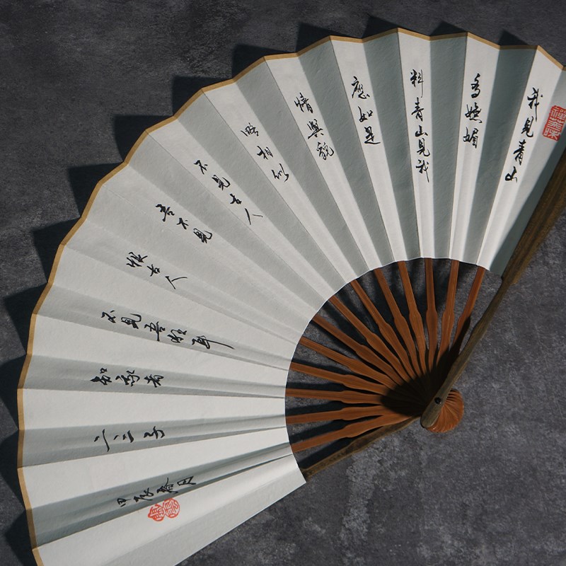 韩一定国檀古风折扇墨制手写书法题字扇子中绿风礼品香味夏天便携
