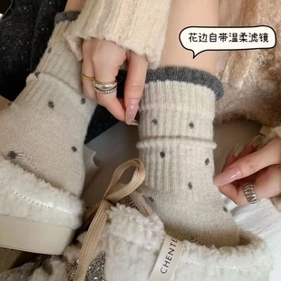 【下单立减50】袜子女中筒秋冬季波点温柔花边百搭长筒复古多巴BW