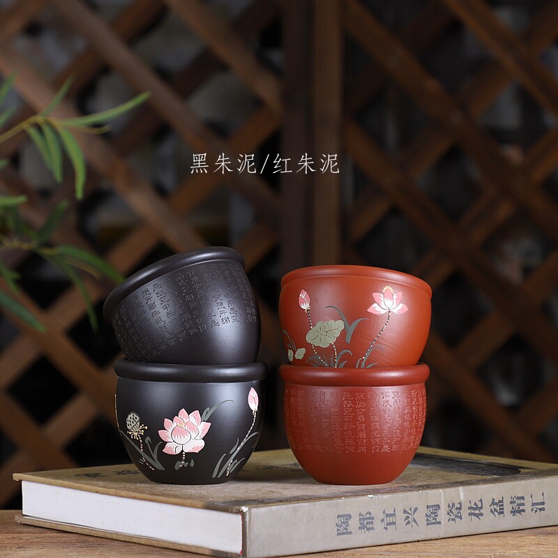 暖  选 紫砂原矿朱泥暖无孔水盂 水缸花盆 水培铜钱草精碗莲 摆件