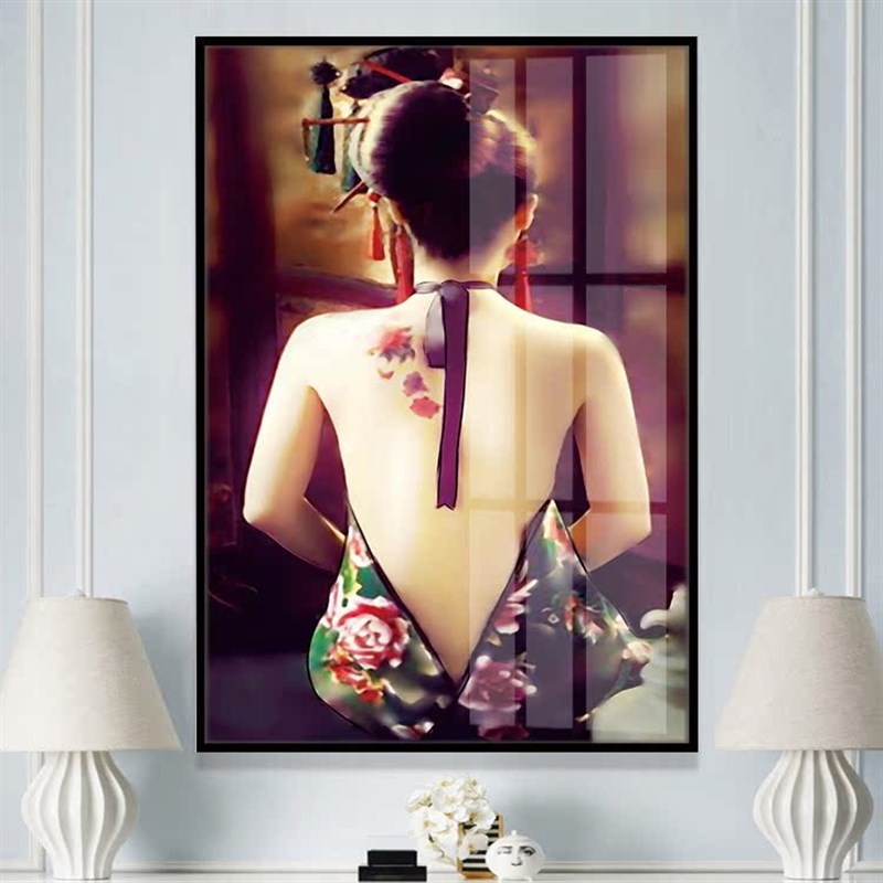 新中饰古典卧女背影装式画艺术人像意境图晶瓷画美室玄关黑框挂画