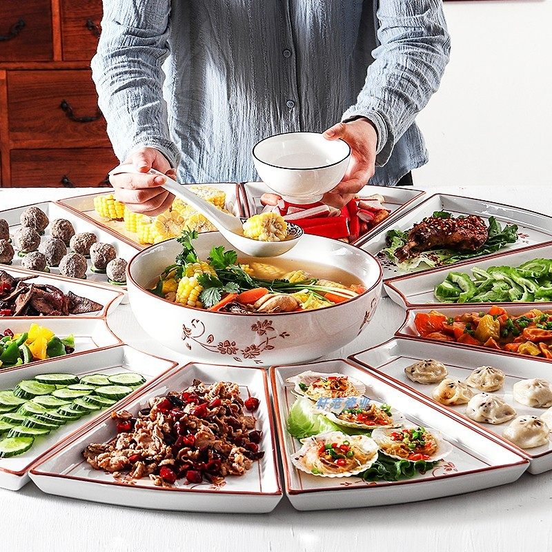 抖音拼盘家用中式创意餐具组合摆盘聚会火锅餐盘圆形大盘聚餐菜盘