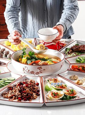 抖音拼盘家用中式创意餐具组合摆盘聚会火锅餐盘圆形大盘聚餐菜盘