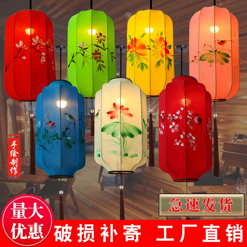 中式布艺手餐灯笼仿古典宫灯绘厅茶过楼道创意冬瓜长形布艺吊灯具