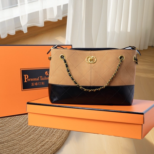 小香风复古大容量托特包女2025新款 撞色链条腋下包百搭手提单肩包