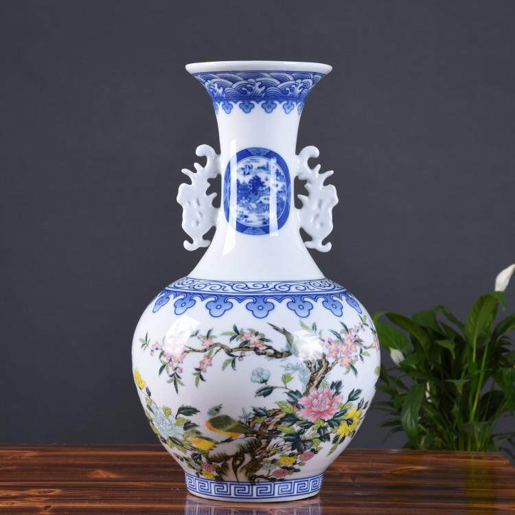 现代简约田园花瓶摆件电视柜装饰品青花双耳复古陶瓷饰品