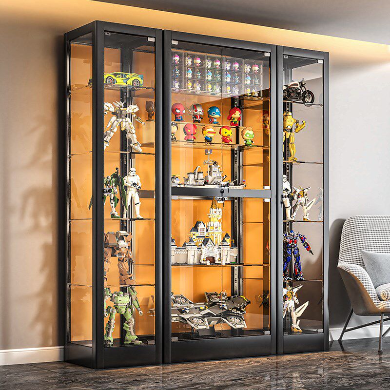 手办柜带锁展示柜家用防尘透明带灯玻璃收纳陈列柜模型储物架酒柜