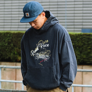 复古水洗做旧汽车印花连帽卫衣重磅密织秋冬季 SENDAWAY 24AW美式